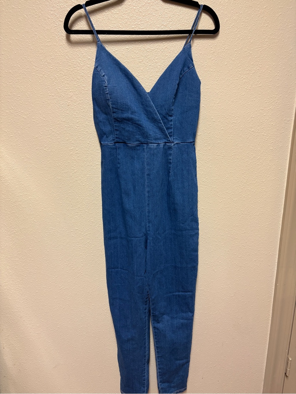 Haute Monde Blue Denim Jumpsuit with Spaghetti Straps